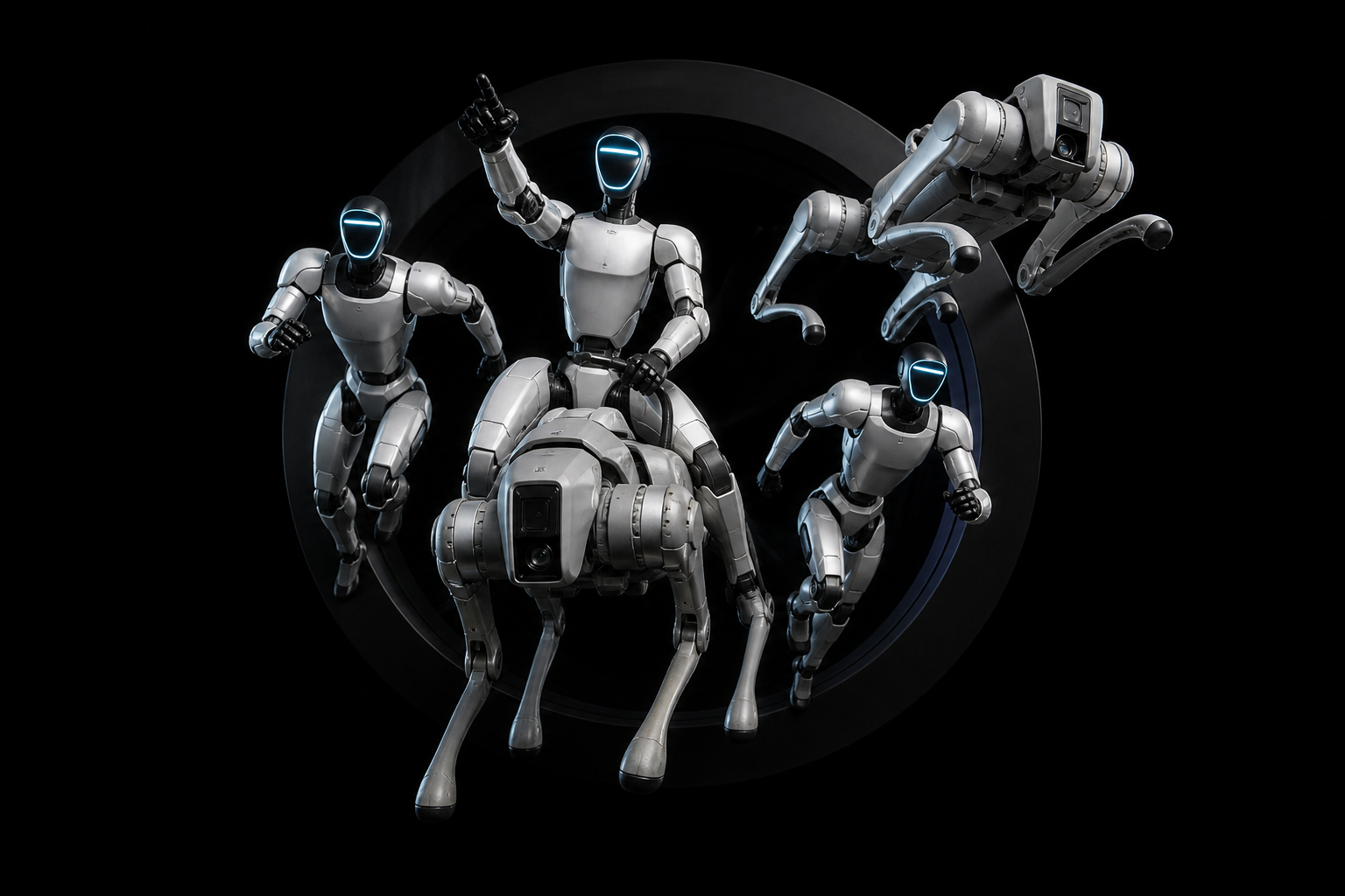 Fearless swarm: G1s with GO2 and R1 emerging from the circle